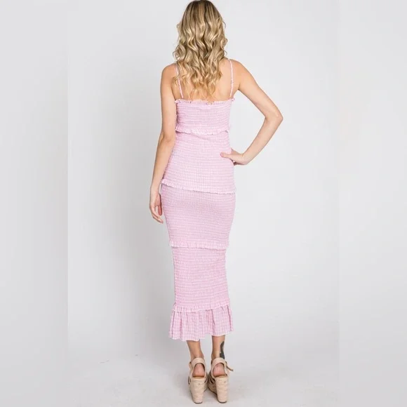 PinkBlush gingham smocked ruffle trim midi bodycon dress nwot - Picture 5 of 7